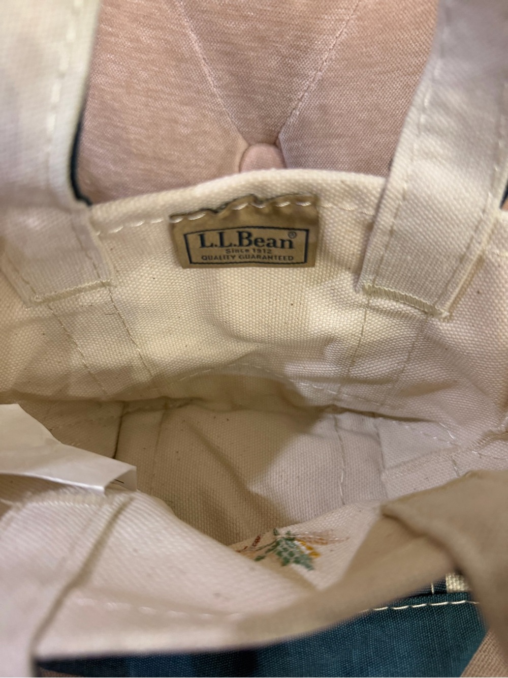 Vintage L.L. Bean Cream Mini Canvas Tote with green Trim and Embroidered Leaves - Picture 3 of 5